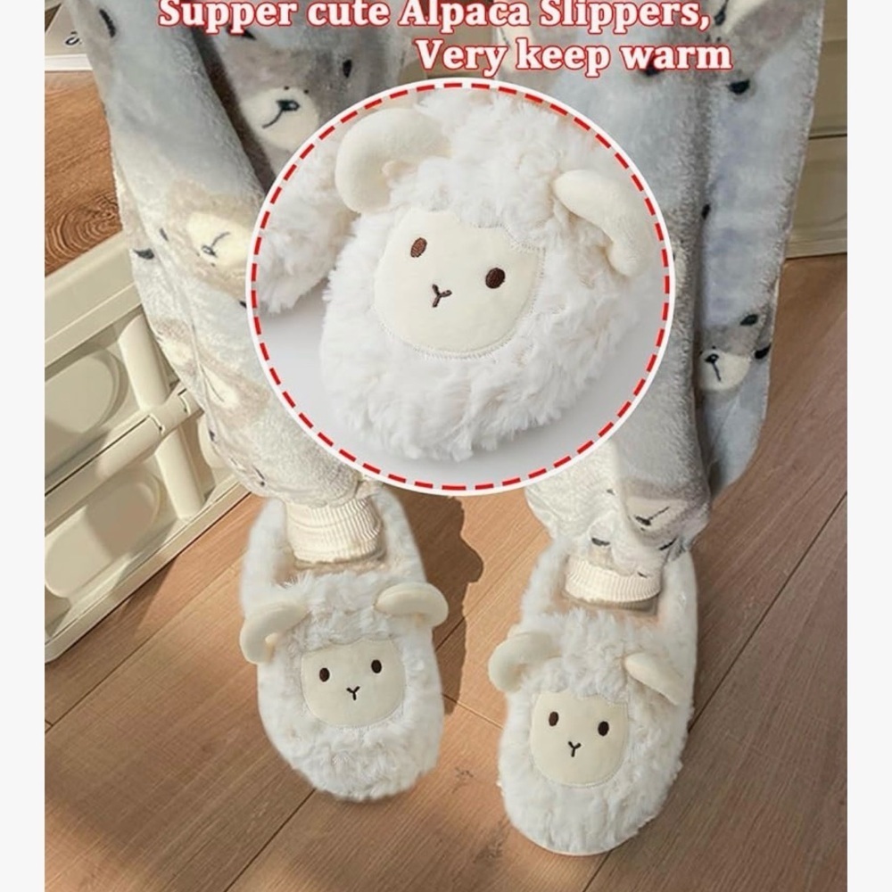 New Cute Sheep Alpaca Plush Slippers White Fuzzy Furry House Shoes S/M (36-38) - Picture 3 of 5